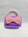 Purple tweed mini handbag with pink pearl bow and elegant white pearl top handle - Horizontal Purple