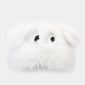 Detail of plush white winter hat featuring large cartoon eyes and soft faux fur texture - White