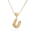 18K gold-plated U-letter pendant necklace with heart detail and colorful gemstones - Letter U