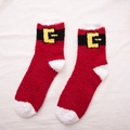 Plush red Christmas Santa socks with white fuzzy trim and belt buckle design - Belt Style
