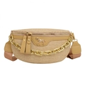 Beige gewebte Stroh-Gürteltasche mit Goldkette und Einhorn-Badge-Detail - Khaki