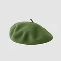 Fashionable grass green wool beret for women with textured wool finish and top stem detail - M (56-58cm) / Army Green