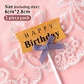 Yellow birthday cake topper with purple ribbon bow and Happy Birthday text - Small Bow Flag Topper - Kraft Paper (353)