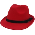Detail of red wool fedora hat featuring a black decorative band and gold buckle - M(56-58cm) / Red