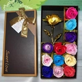 Brown gift box featuring 11 soap roses, 1 gold rose, and a Sweet Love ribbon bow - 12 Multi-color Flowers + Gold Rose