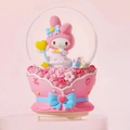 Pink My Melody crystal ball music box with rose base and glowing LED night light - Medium (LED/Music) / My Melody (Pink with Blue Bow)