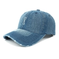 Distressed dark blue denim baseball cap with white embroidery and six-panel design - Adjustable / Dark Blue