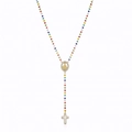 Detailed view of Virgin Mary medal and zircon cross on colorful beaded rosary necklace - Gold Multicolored Chain