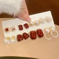 Elegant 8 pairs set of French vintage pearl and red gemstone earrings in gold finish - 8 Pairs Set-Red Gold White (6#)