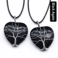 Handcrafted silver wire tree of life on black onyx heart pendant necklace with cord - Black Agate (Silver)