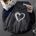 Dark gray fleece hoodie for men and women with white heart print and drawstring hood - S / Tops / Dark Gray
