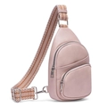 Light pink PU leather crossbody chest bag with stylish geometric pattern wide strap - Pink