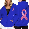 Blue zip-up hoodie featuring pink ribbon breast cancer awareness prints on front and back - S / Sapphire Blue