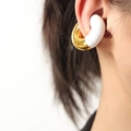 Minimalist U-shaped titanium steel ear clip featuring gold and white enamel split design - Enamel Patchwork Ear Cuff (F221) / Gold White