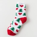 Christmas coral fleece socks with green trees and red hearts on white fluffy fabric - Red Heart Christmas Tree