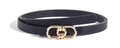 Detail of slim black leather belt featuring a polished gold double-ring interlocking buckle - Gold Double Ring Interlocking Style (1392 Double Round D)