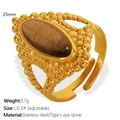 Adjustable stainless steel ring with 25mm oval tiger eye stone and gold finish - JZ57 Beaded Texture Tiger's Eye (JZ57)