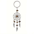 Detail view of silver dreamcatcher keychain with brown crystal stones and metal feathers - Tiger Eye Stone Bracelet