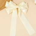 Handmade double-layered beige satin bow hair clip with long ribbons for daily wear - Beige
