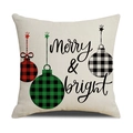 Linen Christmas pillow case with Merry & Bright lettering and colorful plaid ornaments - Beige Three Plaid Ornaments/22YM13-29