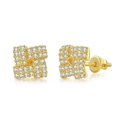 Detail of square gold plated stud earrings with pavé cubic zirconia and screw back closure - Windmill Square Gold