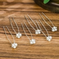 Set of 6 bridal hair pins with white pearls and silver rhinestones on wood background - Silver Artificial Pearl Rhinestone Hair Pin (HS-J3281S) / 6Pcs/Set