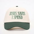 Gorra de béisbol bicolor en beige y verde bosque con bordado Jesus Saves I Spend - Talla única / Crema/Verde Oscuro