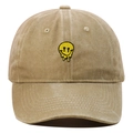 Detailed embroidery of a melting yellow smiley face on a washed khaki baseball cap - Adjustable / Khaki