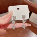 Elegant 925 silver needle earrings with triple heart dangling crystals in silver finish - Silver Pave Rhinestone Vertical Three Heart Style (A25)