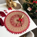 Christmas jute placemat with red tassels, snowflake design and woven texture - Style 5 Red (Pom-poms)