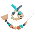 Baby teething set with teal silicone beads and wooden rattle ring on white background - Bear Style Set