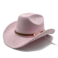 Pink felt western cowboy hat with a brown leather strap and golden metal buckle details - M(56-59CM) / Pink
