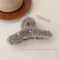 Faux fur hair claw clip in khaki with pearl accents for thick hair styling - Dark Coffee Faux Rabbit Fur Pearl Claw Clip