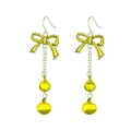 Detail of lime green bow earrings with silver chains and sphere pendants for Christmas - Long Yellow Bow and Double Bell