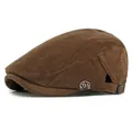 Dark brown corduroy newsboy cap with white embroidery and adjustable side strap - Matcha Brown / Adjustable