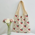 Chic beige knitted tote bag with red cherry patterns and diamond lattice shoulder straps - Apricot