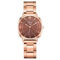 Elegant rose gold women's quartz watch with brown sunburst dial and metal link bracelet - Brown
