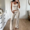 Tweedelige yoga set voor dames in beige met blauwe bloemenprint en wijde broek - S / Abrikoos
