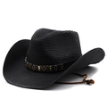 Classic black straw western cowboy sun hat with ethnic shell band and wide brim - M (56-58cm) / Black