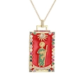 Vintage gold plated pendant necklace with red enamel saint icon and colored gemstones - Red-Priest