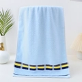 Plush light blue cotton towel with vibrant colorful striped borders for home decor - Sugg Style (32 Ply) / 110g (34x73cm) / Sky Blue