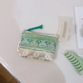 Macro detail of green floral jacquard coin purse with gold patterns and zipper closure - Green Gold Contrast Stripe Butterfly