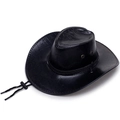Detail of black western cowboy hat featuring leaf embossing and adjustable wind cord - Black