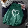 Dark green fleece hoodie with white heart print and adjustable drawstring hood - S / Tops / Dark Green
