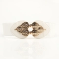 Elegant white elastic wide belt for women featuring a stylish gold leaf-shaped buckle - White