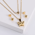 Gold titanium steel jewelry set featuring layered butterfly pendant and bead earrings - Necklace + Earrings Set / Gold