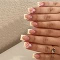 French style press-on nails with 3D embossed flowers and gold beads on pink base - Bz2007 Blooms Brightly In The Wind / Jelly Glue + Nail File