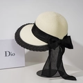 Elegante sombrero de paja de ala ancha con lazo grande de gasa negra y borde ondulado - M (56-58cm) / Negro