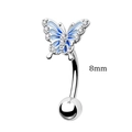 Blue butterfly belly ring with white crystals and 8mm stainless steel curved barbell - Eyebrow Ring 8mm