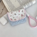 Detailed macro view of floral cotton CCD camera case with pink heart button and rope - Floral Pink + Light Blue Heart